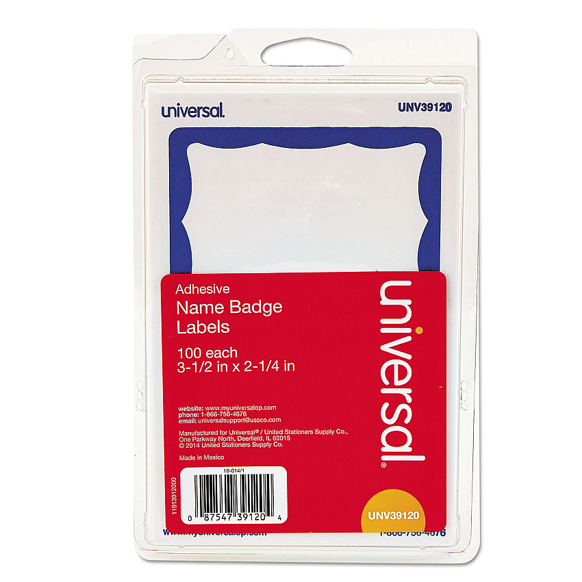 Universal Border-Style Self-Adhesive Name Badges, 3 1/2 x 2 1/4, White/Blue, 100/Pack (UNV39120)