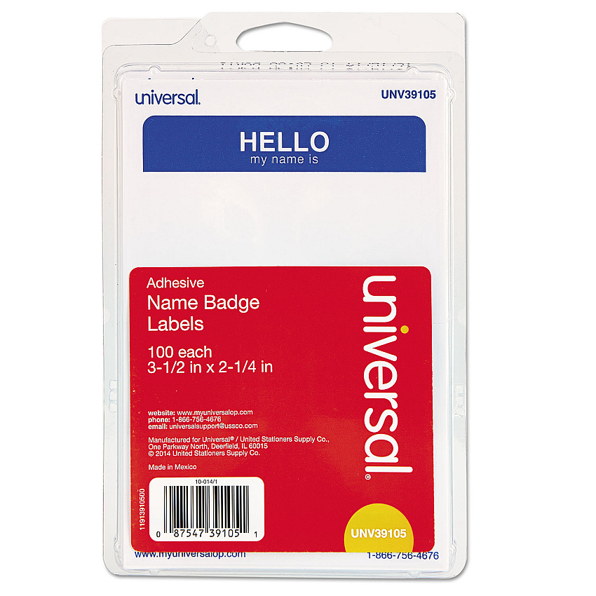 Universal Hello Self-Adhesive Name Badges, 3.5 x 2.25, White/Blue, 100/Pack (UNV39105)