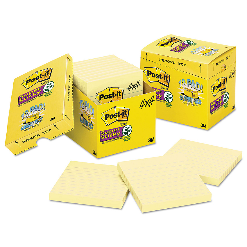 Post-it Pads in Canary Yellow, Cabinet Pack, Note Ruled, 4" x 4", 90 Sheets/Pad, 12 Pads/Pack (67512SSCP)