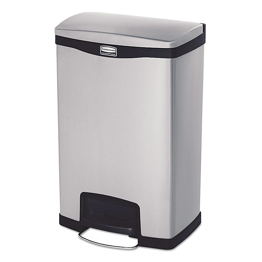 Rubbermaid Commercial Slim Jim Stainless Steel Step-On Container, Front Step Style, 13 gal, Stainless Steel, Black (1901992)