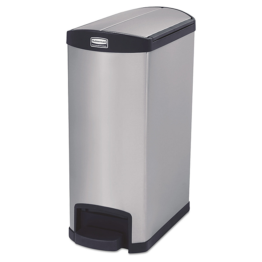 Rubbermaid Commercial Slim Jim Stainless Steel Step-On Container, End Step Style, 13 gal, Stainless Steel, Black (1901993)