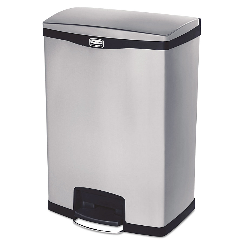 Rubbermaid Commercial Slim Jim Stainless Steel Step-On Container, Front Step Style, 24 gal, Stainless Steel, Black (1901999)