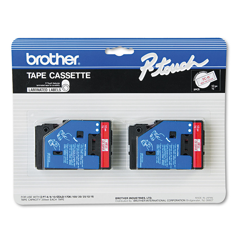 Brother TC Tape Cartridges for P-Touch Labelers, 0.47" x 25.2 ft, Red on Clear, 2/Pack (TC11)
