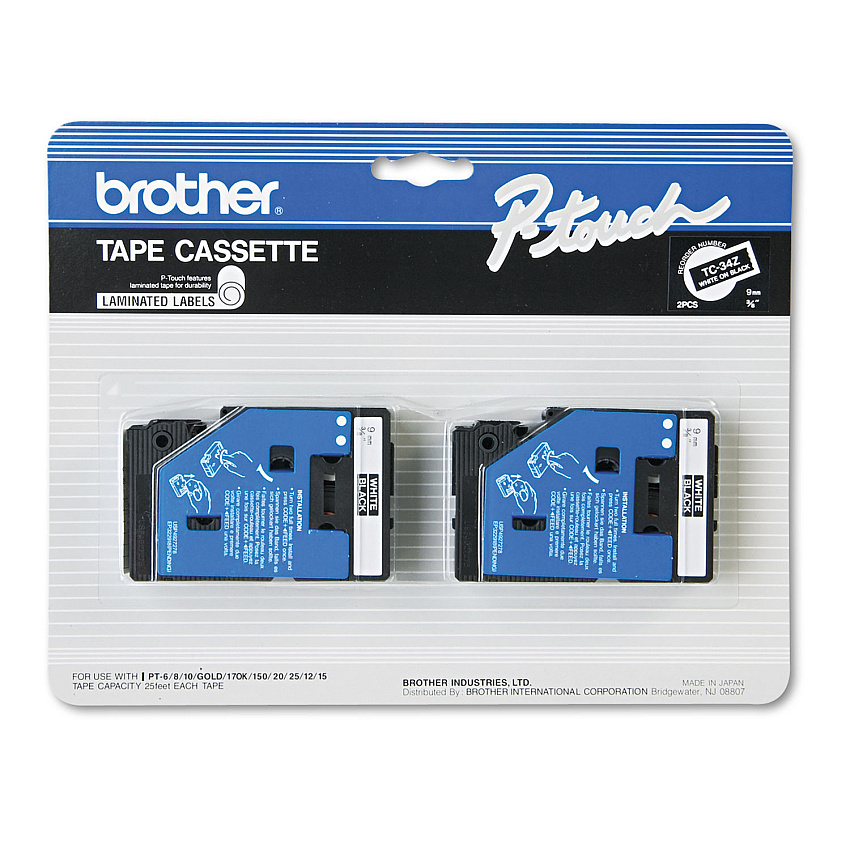 Brother TC Tape Cartridges for P-Touch Labelers, 0.35" x 25.2 ft, White on Black, 2/Pack (TC34Z)