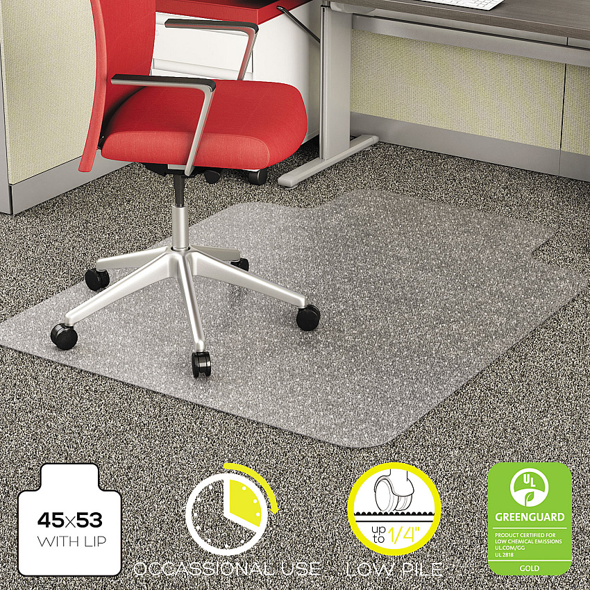 Deflecto EconoMat Occasional Use Chair Mat for Low Pile Carpet, 45 x 53, Wide Lipped, Clear (CM11232)