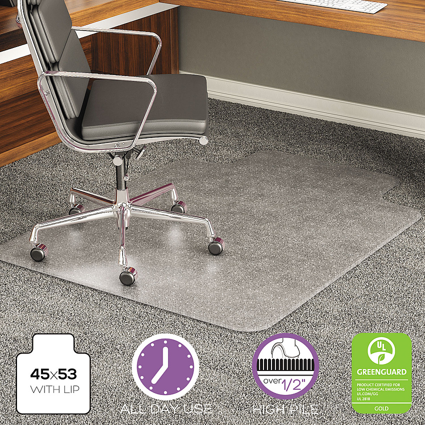 Deflecto ExecuMat All Day Use Chair Mat for High Pile Carpet, 45 x 53, Wide Lipped, Clear (CM17233)