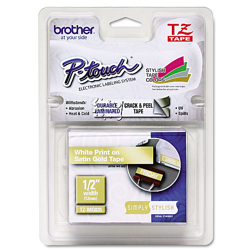 Brother TZ Standard Adhesive Laminated Labeling Tape, 0.47" x 16.4 ft, White/Satin Gold (TZEMQ835)