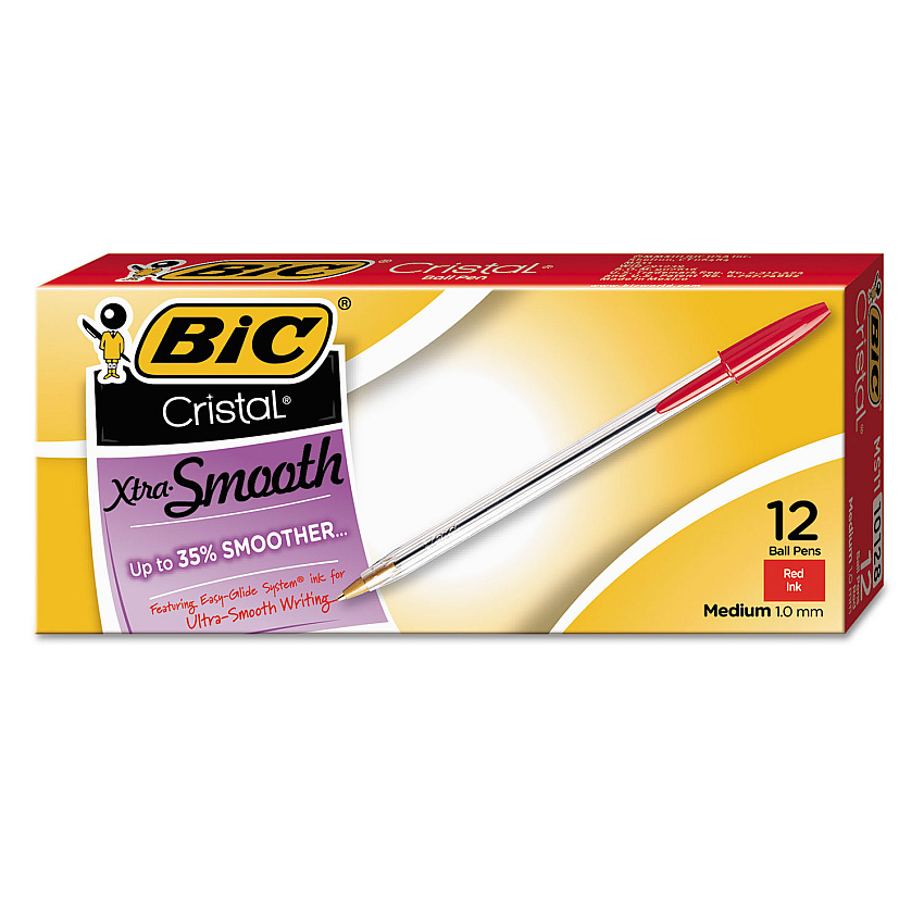 BIC Cristal Xtra Smooth Ballpoint Pen, Stick, Medium 1 mm, Red Ink, Clear Barrel, Dozen (MS11RD)