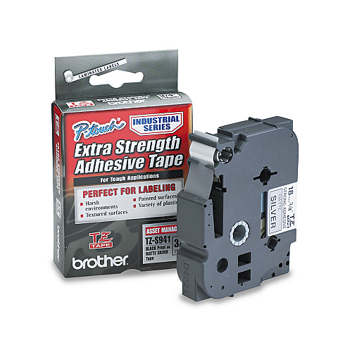 Brother TZ Extra-Strength Adhesive Laminated Labeling Tape, 0.7" x 26.2 ft, Black on Matte Silver (TZES941)