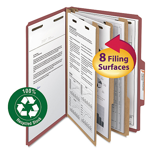 Smead Recycled Pressboard Classification Folders, 3" Expansion, 3 Dividers, 8 Fasteners, Legal Size, Red Exterior, 10/Box (19099)
