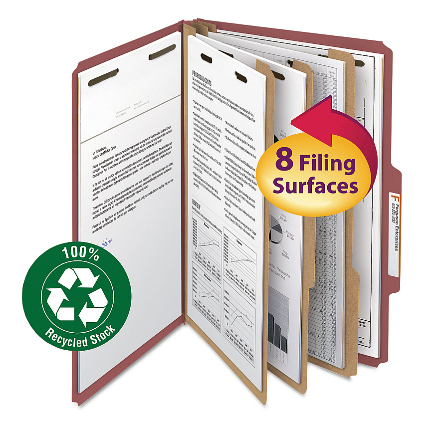 Smead Recycled Pressboard Classification Folders, 3" Expansion, 3 Dividers, 8 Fasteners, Legal Size, Red Exterior, 10/Box (19099)