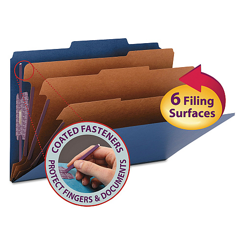 Smead Eight-Section Pressboard Top Tab Classification Folders, 8 SafeSHIELD Fasteners, 3 Dividers, Legal Size, Dark Blue, 10/Box (19096)