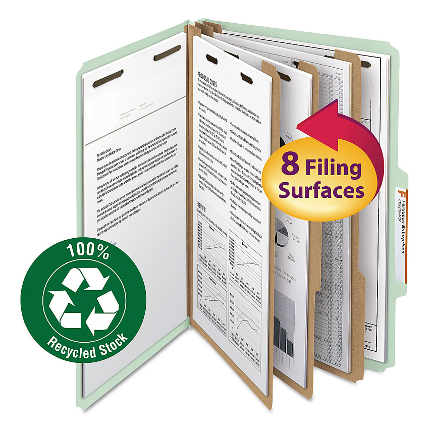 Smead Recycled Pressboard Classification Folders, 3" Expansion, 3 Dividers, 8 Fasteners, Legal Size, Gray-Green, 10/Box (19093)