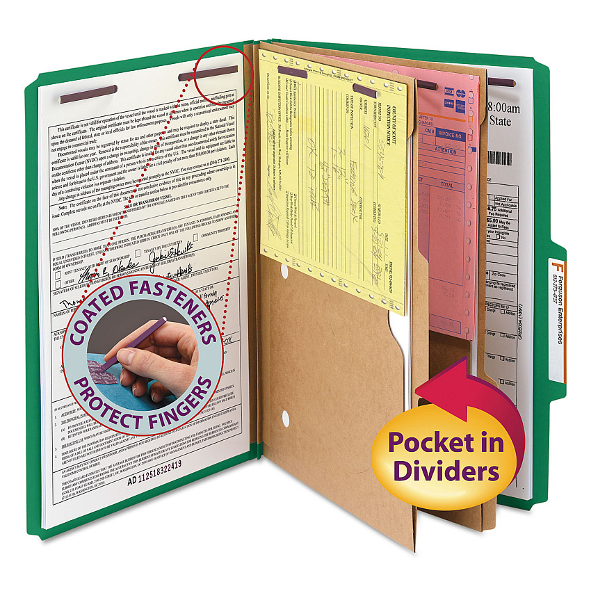 Smead 6-Section Pressboard Top Tab Pocket Classification Folders, 6 SafeSHIELD Fasteners, 2 Dividers, Legal Size, Green, 10/Box (19083)