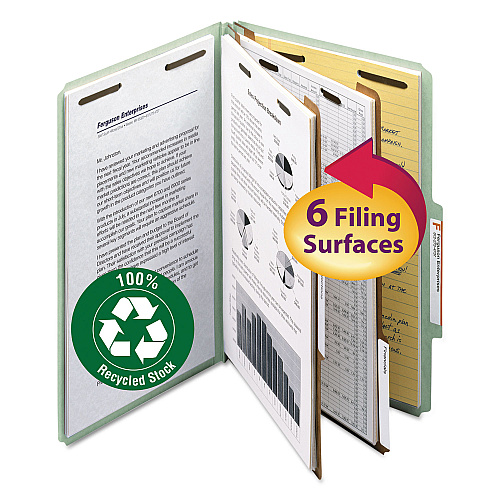 Smead Recycled Pressboard Classification Folders, 2" Expansion, 2 Dividers, 6 Fasteners, Legal Size, Gray-Green, 10/Box (19022)