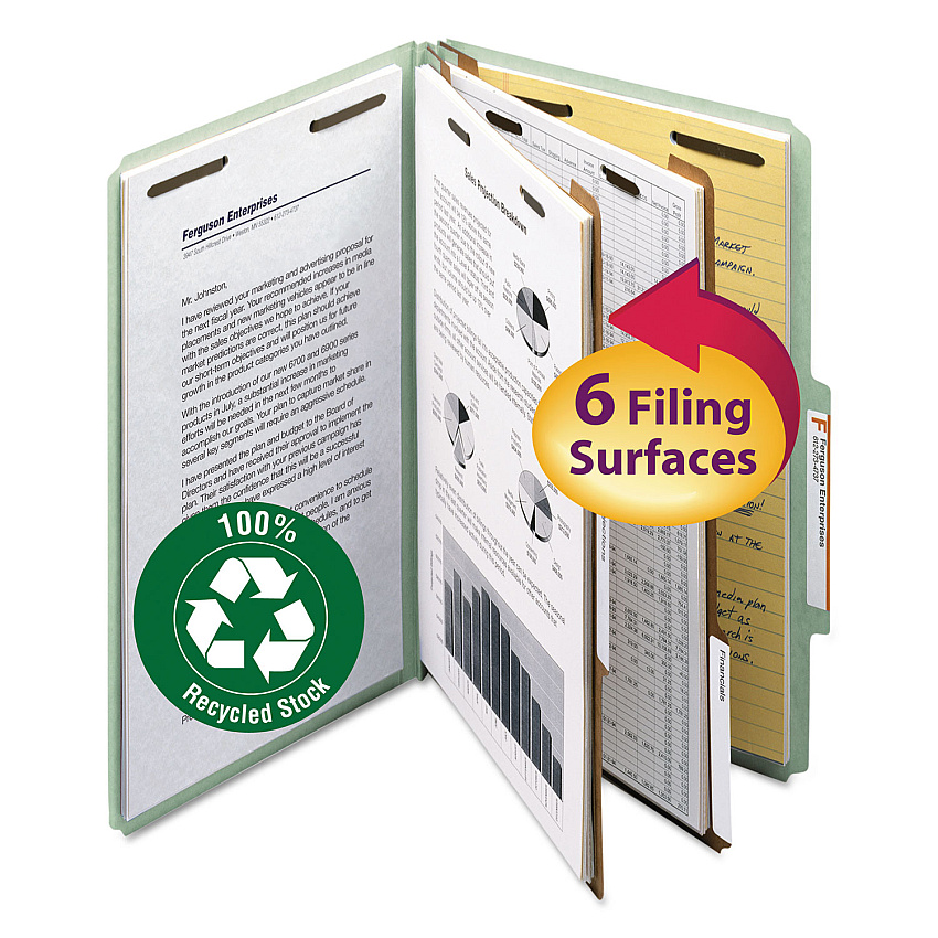 Smead Recycled Pressboard Classification Folders, 2" Expansion, 2 Dividers, 6 Fasteners, Legal Size, Gray-Green, 10/Box (19022)