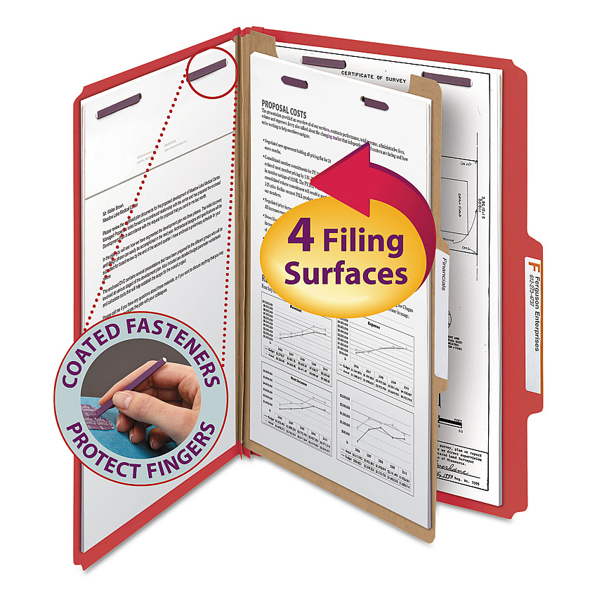 Smead Four-Section Pressboard Top Tab Classification Folders, Four SafeSHIELD Fasteners, 1 Divider, Legal Size, Bright Red, 10/Box (18731)