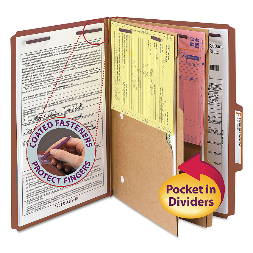 Smead 6-Section Pressboard Top Tab Pocket Classification Folders, 6 SafeSHIELD Fasteners, 2 Dividers, Legal Size, Red, 10/Box (19079)
