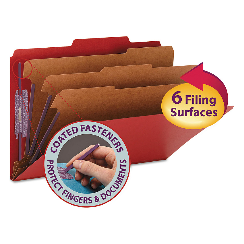 Smead Eight-Section Pressboard Top Tab Classification Folders, 8 SafeSHIELD Fasteners, 3 Dividers, Legal Size, Bright Red, 10/Box (19095)