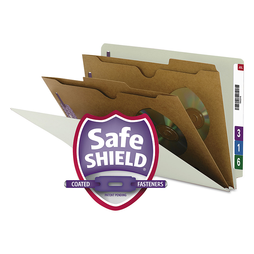 Smead X-Heavy End Tab Pressboard Classification Folders, Six SafeSHIELD Fasteners, 2 Dividers, Legal Size, Gray-Green, 10/Box (29710)