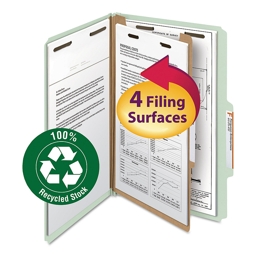Smead Recycled Pressboard Classification Folders, 2" Expansion, 1 Divider, 4 Fasteners, Legal Size, Gray-Green, 10/Box 8 1/2" x 14" - 2" Expansion - 4 x 2K Fastener(s) - 1" Fastener Capacity, 2" Fastener Capacity - Top Tab Location - Right of Cent (18722)