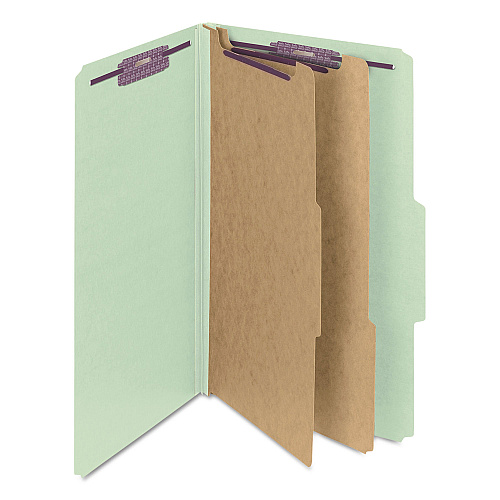 Smead Pressboard Classification Folders, Six SafeSHIELD Fasteners, 2/5-Cut Tabs, 2 Dividers, Legal Size, Gray-Green, 10/Box (19076)