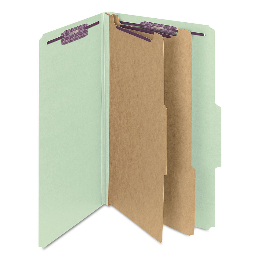Smead Pressboard Classification Folders, Six SafeSHIELD Fasteners, 2/5-Cut Tabs, 2 Dividers, Legal Size, Gray-Green, 10/Box (19076)