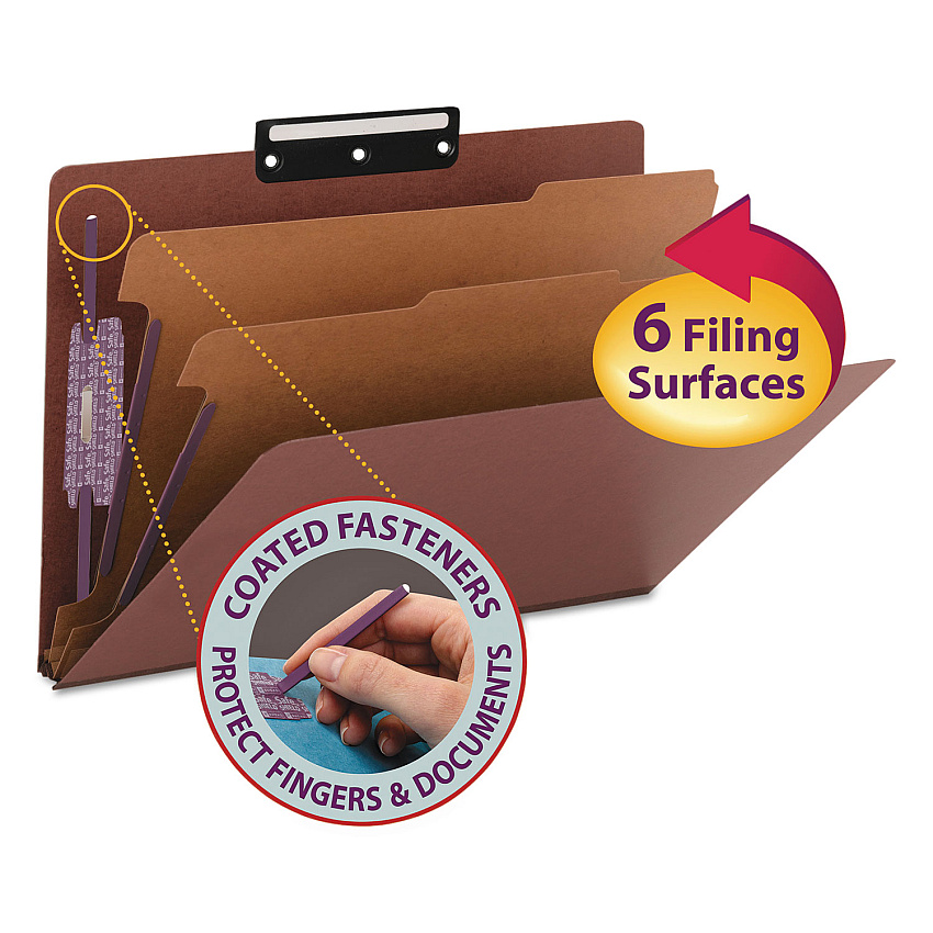 Smead Pressboard Classification Folders, Six SafeSHIELD Fasteners, 1/3-Cut Tabs, 2 Dividers, Legal Size, Red, 10/Box 8 1/2" x 14" - 2" Expansion - 2 x 2S Fastener(s) - 2" for Folder - Top Tab Location - Right of Center Tab Position - 2 Divider(s)  (19230)