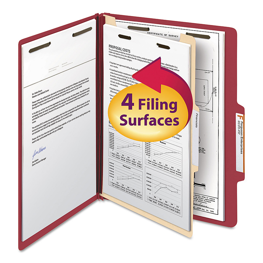 Smead Top Tab Classification Folders, Four SafeSHIELD Fasteners, 2" Expansion, 1 Divider, Letter Size, Red Exterior, 10/Box (13703)