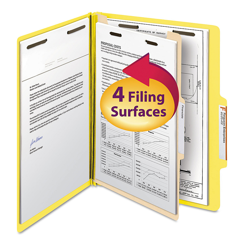 Smead Top Tab Classification Folders, Four SafeSHIELD Fasteners, 2" Expansion, 1 Divider, Letter Size, Yellow Exterior, 10/Box (13704)