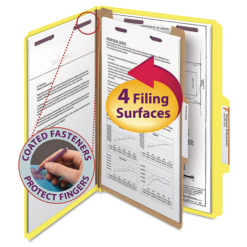 Smead Four-Section Pressboard Top Tab Classification Folders, Four SafeSHIELD Fasteners, 1 Divider, Legal Size, Yellow, 10/Box (18734)