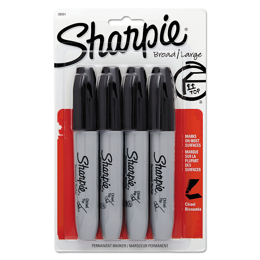 Sharpie Chisel Tip Permanent Marker, Medium Chisel Tip, Black, 4/Pack (38264PP)