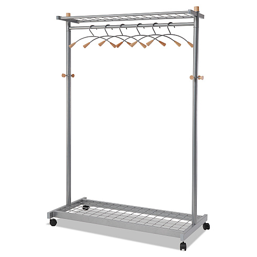 Alba Garment Racks, Two-Sided, 2-Shelf Coat Rack, 6 Hanger/6 Hook, 44.8w x 21.67d x 70.8h, Silver/Wood (PMLUX6)