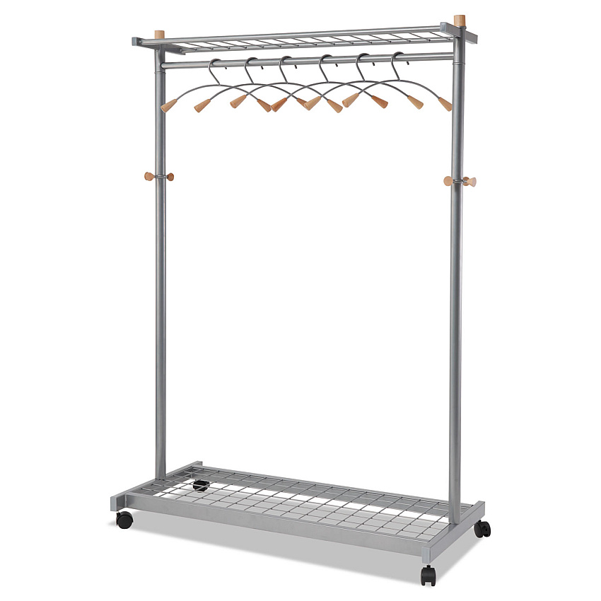 Alba Garment Racks, Two-Sided, 2-Shelf Coat Rack, 6 Hanger/6 Hook, 44.8w x 21.67d x 70.8h, Silver/Wood (PMLUX6)