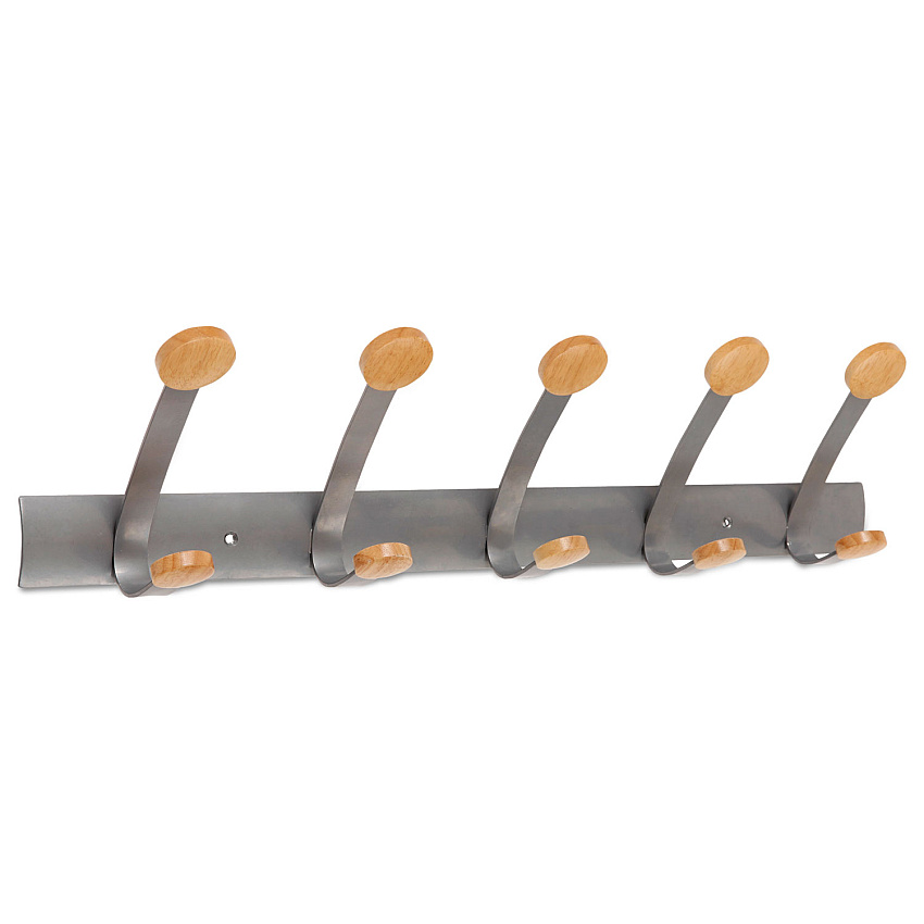 Alba Wooden Coat Hook, Five Wood Peg Wall Rack, Brown/Silver, 45 lb Capacity (PMV5)