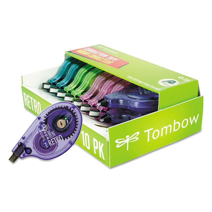 Tombow MONO Original Correction Tape, Assorted RetroColor Applicators, 0.17" x 394", 10/Pack (68723)