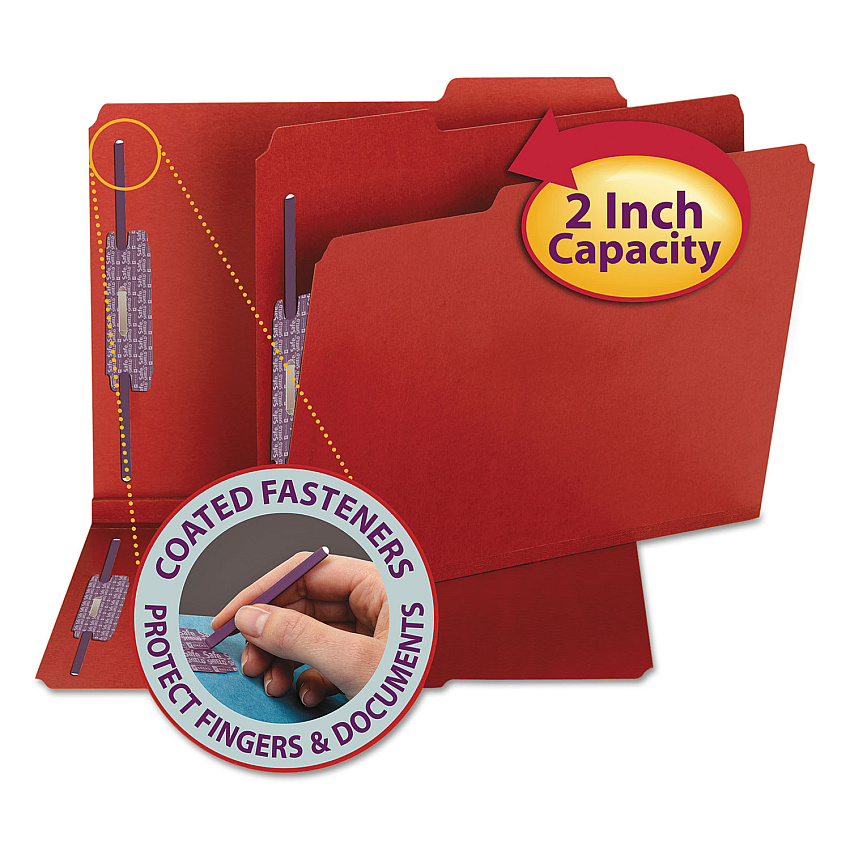 Smead Colored Pressboard Fastener Folders with SafeSHIELD Fasteners, 2" Expansion, 2 Fasteners, Letter Size, Bright Red, 25/Box (14936)