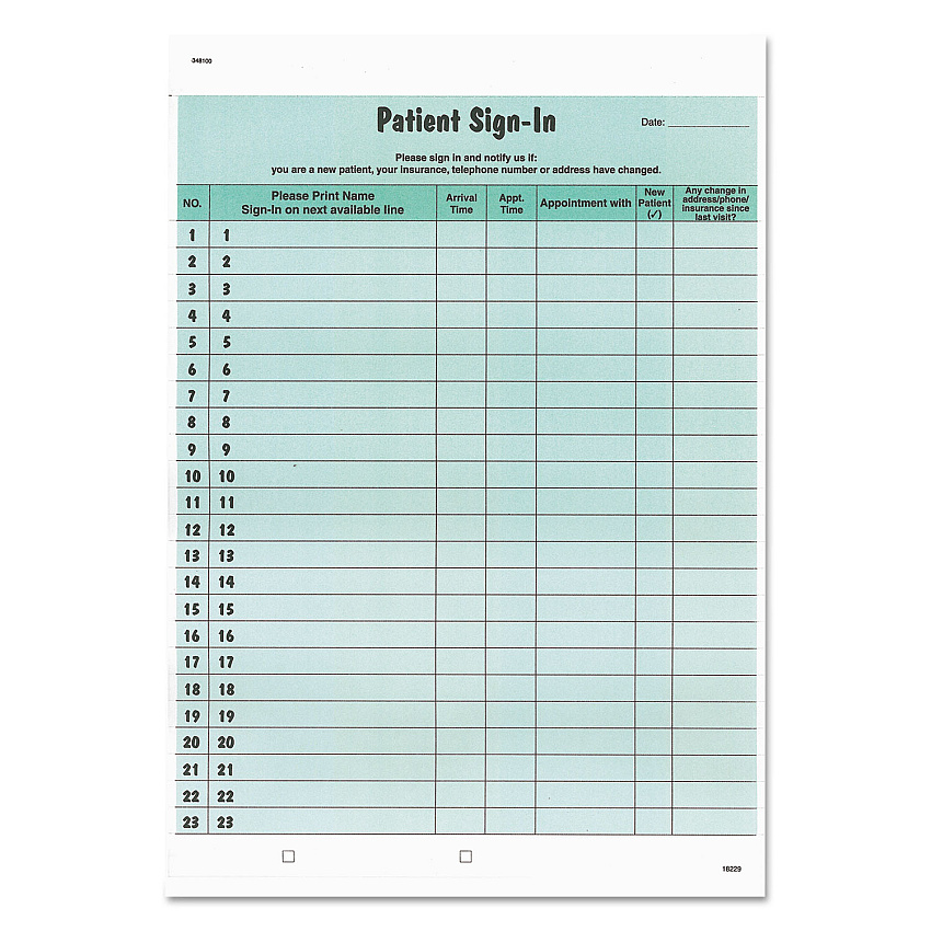 Tabbies Patient Sign-In Label Forms, Two-Part Carbon, 8.5 x 11.63, Green Sheets, 125 Forms Total (14532)