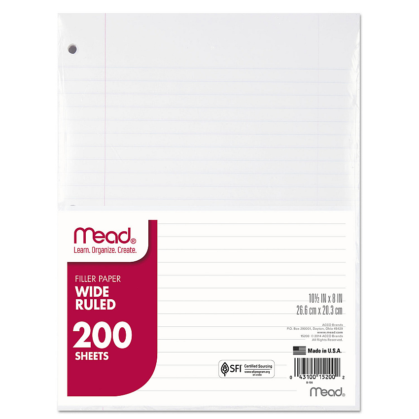 Mead Filler Paper, 3-Hole, 8 x 10.5, Wide/Legal Rule, 200/Pack (15200)