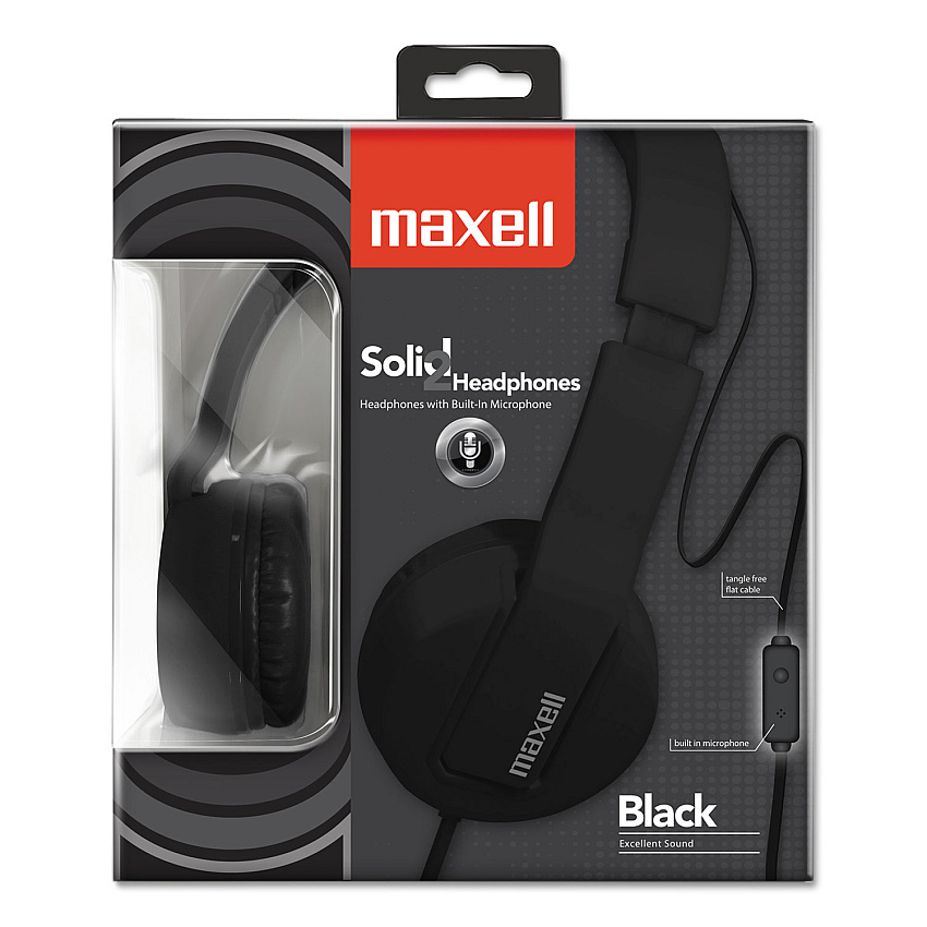 Maxell Solids Headphones, 5 ft Cord, Black Stereo - Mini-phone (3.5mm) - Wired - Over-the-head - Binaural - Circumaural - Black (290103)