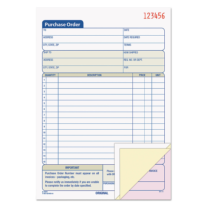 TOPS Purchase Order Book, 15 Lines, Three-Part Carbonless, 5.56 x 8.44, 50 Forms Total (46141)