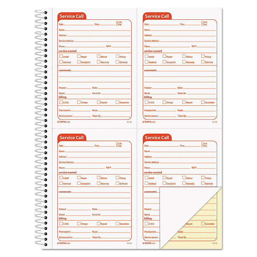 TOPS Service Call Book, Two-Part Carbonless, 5.5 x 3.88, 4 Forms/Sheet, 200 Forms Total (4100)