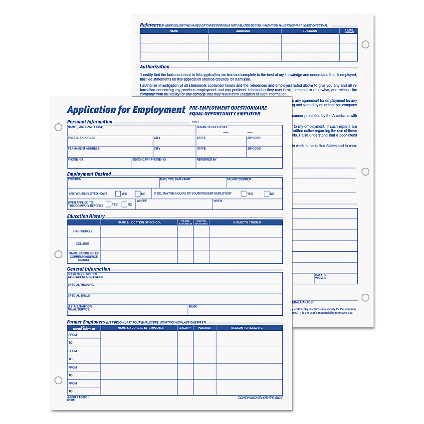 TOPS Employee Application Form, One-Part (No Copies), 11 x 8.38, 50 Forms/Pad, 2 Pads/Pack (32851)