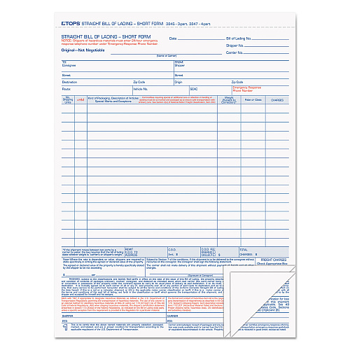 TOPS Bill of Lading, Three-Part Carbonless, 8.5 x 11, 50 Forms Total (3846)
