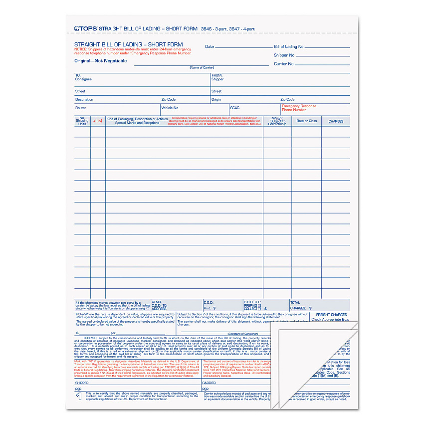 TOPS Bill of Lading, Three-Part Carbonless, 8.5 x 11, 50 Forms Total (3846)