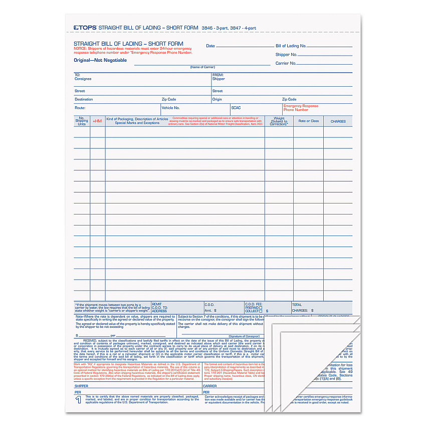 TOPS Bill of Lading, Four-Part Carbonless, 8.5 x 11, 50 Forms Total (3847)