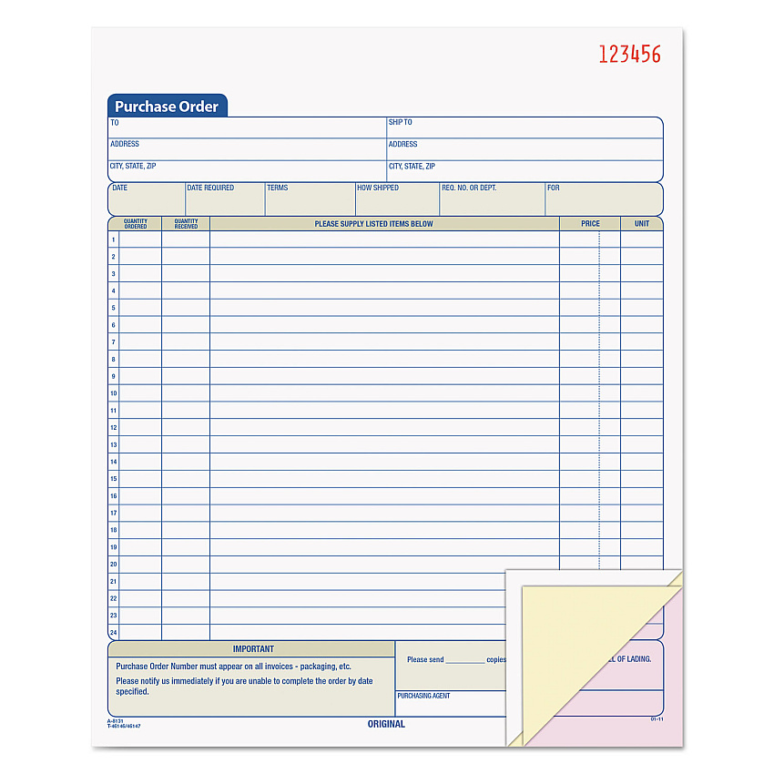 TOPS Purchase Order Book, 22 Lines, Three-Part Carbonless, 8.38 x 10.19, 50 Forms Total (46147)
