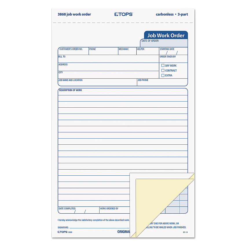 TOPS Job Work Order, Three-Part Carbonless, 5.66 x 8.63, 50 Forms Total (3868)