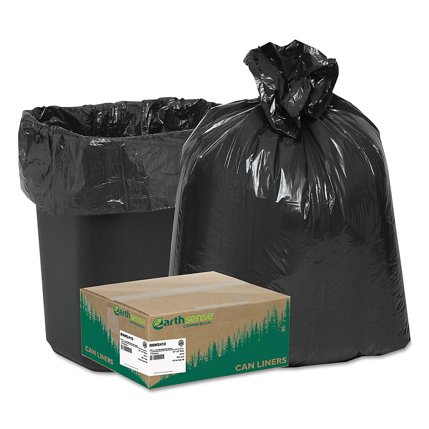 Earthsense Linear Low Density Recycled Can Liners, 10 gal, 0.85 mil, 24" x 23", Black, 25 Bags/Roll, 20 Rolls/Carton (RNW2410)