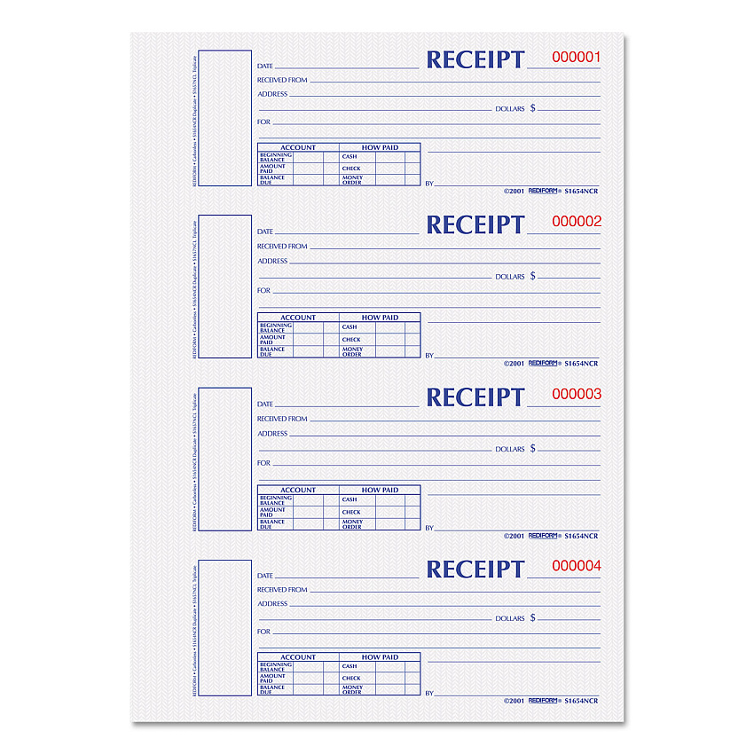Rediform Durable Hardcover Numbered Money Receipt Book, Two-Part Carbonless, 6.88 x 2.75, 4 Forms/Sheet, 300 Forms Total (S1654NCR)